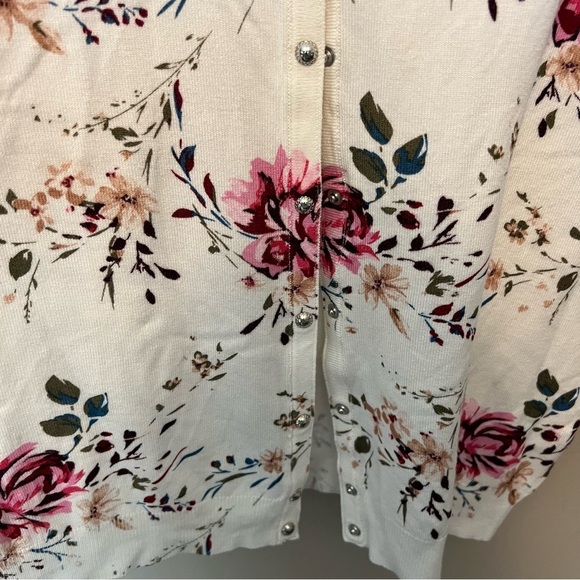 Premise Floral Cardigan - Cream and Pink snap front elbow sleeve work occasion - Picture 3 of 8